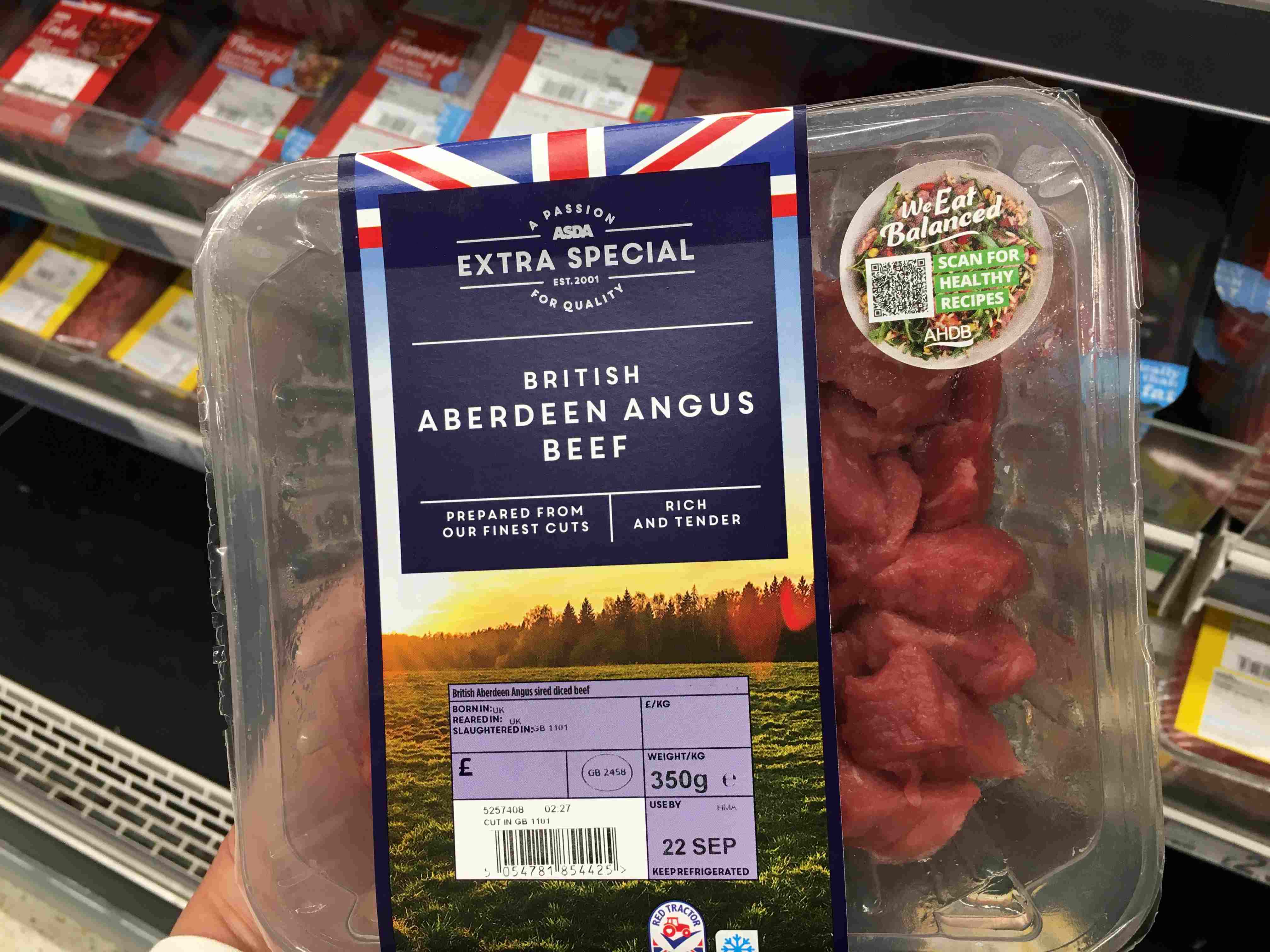 Pack of Beef with a We Eat Balanced campaign sticker. 